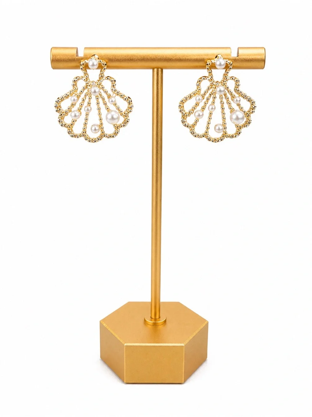 Gold Pearl Shell-Frame Drop Earrings